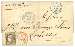 TREBIZONDE Voie D' AUTRICHE : 1876 30c CERES Obl. GC 5100 En Bleu + TREBIZONDE TURQ. D' ASIE + Cachet D' Entrée CONSTple - 1849-1876: Période Classique