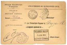 CONGO - BABOUA : 1912 Rare Cachet MOYEN CONGO BABOUA / AGENT SPECIAL Sur Lettre (AVIS DE MANDAT-POSTE) Pour BRAZZAVILLE. - Autres & Non Classés