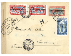 CONGO - OUBANGHI : 1917 Entier Postal 10c + CROIX-ROUGE 5c S/ 10c (x2) + 25c En RECOMMANDE + Bande CENSURE Pour La SUISS - Altri & Non Classificati