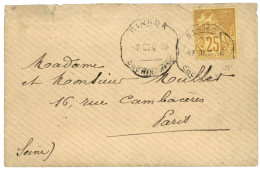 1886 CG 25c Obl. Cachet Télégraphique BINHOA COCHINCHINE Sur Enveloppe (pd) Pour PARIS. RARE. Quelques Lettres Connues.  - Autres & Non Classés