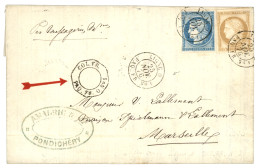 LIGNE O - Escale De PONDICHERY : 1876 CG 15c + 25c Obl. LIGNE O PAQ. FR. N°1 (rarissime Sur Timbres, Non Répertorié) + T - Otros & Sin Clasificación