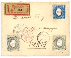CHINA - MACAO : 1893 50R + 80R (x2) + Verso 40R Canc. MACAU + HONG-KONG On REGISTERED Envelope To PARIS (FRANCE). Scarce - Andere & Zonder Classificatie