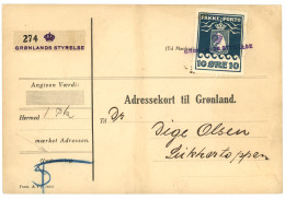 DENMARK - GROENLAND : 1926 PAKKE-PORTO 10 Ore Canc. Crown GROENLANDS STYRELSE On PARCEL CARD.  Superb. - Altri & Non Classificati