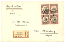 GERMAN SOUTH WEST AFRICA : 1902 40pf Block Of 4 Canc. OMARURU On REGISTERED Envelope To GERMANY. Vvf. - German South West Africa