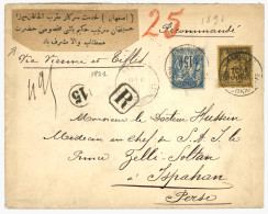 PERSIA - Incoming Mail : 1891 FRANCE 15c + 75c Canc. PARIS + "Via VIENNE & TIFLIS" + Rare Label On REGISTERED Envelope T - Iran
