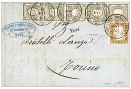 ITALY : 1863 1c Strip Of 5 With Large Margins + 10c 4 Nice Margins Canc. T.P.O Cachet AMBULANTE GENOVA-TORINO (2) + NOVI - Zonder Classificatie