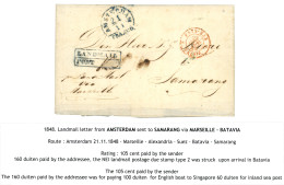 1848 Boxed LANDMAIL/ PORT In Blue On Entire From AMSTERDAM To SAMARANG. Superb. - Indie Olandesi