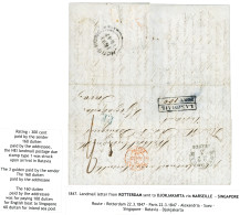 1848 Boxed LANDMAIL/ PORT In Blue + ROTTERDAM + P.F. In Blue + HONG-KONG (verso) On Entire Letter To DJOKJAKARTA (JAVA). - Nederlands-Indië