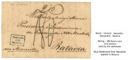 1849 Superb Boxed Blue Cachet NEDERLAND OVER MARSEILLE On Entire Letter From UTRECHT To BATAVIA. Vvf. - India Holandeses