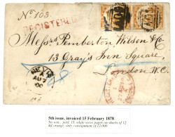 NEVIS : 1880 Pair 4d Orange (5th Issue) Small Faults Canc. A09 + NEVIS + Straight Line REGISTERED On Envelope To LONDON. - San Cristóbal Y Nieves - Anguilla (...-1980)