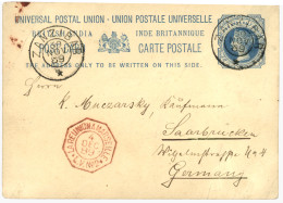 ZANZIBAR : 1889 INDIA POSTAL STATIONERY 1a Canc. French Cachet ZANZIBAR To GERMANY. Very Scarce. Ex. METLISS. Superb. - Zanzibar (...-1963)