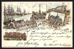 Lithographie Hamburg-Harburg, Hafen, Elbbrücke, Schillerbrunnen, Schloss-Strasse, Rathaus, Kaserne  - Harburg
