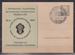 Bund Heuss 1957 Privatganzsache 1.Briefmarken-Ausstellung Michelau/Ofr.... MiNo. PP 7/3 SSt Michelau (Oberfr) 14.4.57 - Cartes Postales Privées - Oblitérées