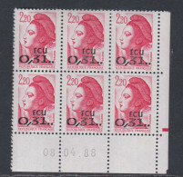 France Type Liberté N° 2350 XX : 0.31 ECU Sur 2 F. 20 Rouge En Bloc De 6 Coin Daté Du 08 . 04 . 88  1 Barre Sans Cha. TB - 1980-1989