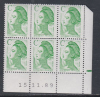France Type Liberté N° 2615 XX : C Vert En Bloc De 6 Coin Daté Du 15 . 11 . 89 ; 1 Barre  ;  Sans Charnière TB - 1980-1989