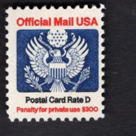 2008963964 1985 (XX) SCOTT O138 POSTFRIS MINT NEVER HINGED Eagle And Shield OFFICIAL MAIL -  POSTAL CARD RATE D - Oficial