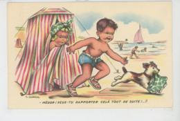 ENFANTS - DOG - Jolie Carte Fantaisie Enfants à La Plage Avec Chien Médor Signée GOUGEON - Dessins D'enfants