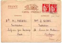 Carte Iris Interzones Du 7.1.41 De L'Aude Pour La Seine Avec Figurine Recouverte Par Paire 50c Paix - Standard Postcards & Stamped On Demand (before 1995)