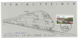 Belgium 1998 Trains, Thalys Stamps Designer Signed Souvenir Card, Carte Souvenir Signé FDC - Trains