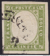 1862 Sardegna, N° 13Dc  5c. Verde Olivastro USATO Firma Bolaffi - Sardegna