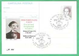 Repiquage "A PIER FORTUNATO CALVI" Su Intero Postale Donne Nell'arte 800 Lire - Postwaardestukken