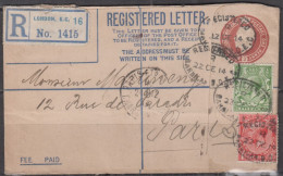 G.B.   Enveloppe ENTIER  GEORGE V  1p + Complément De 0.5p Et 1p  Recommandée  De LONDON  Le 22 Déc 1914 Pour PARIS - Material Postal