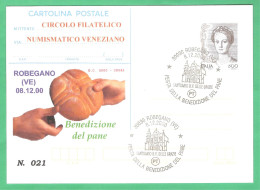 Repiquage "FESTA DELLA BENEDIZIONE DEL PANE" ROBEGANO (VE) Anno 2000 Su Intero Postale Donne Nell'arte 800 Lire - Entiers Postaux