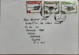 GIBRALTAR 1990,COVER USED TO ENGLAND, FPO NO 123, WAR, MILITARY, ARMY, 3 DIFF CANON 1987 STAMP. - Gibraltar