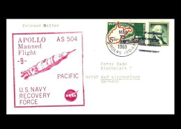 USA: 'Apollo-9 In Space – Splashdown – Pacific Recovery Force USS Nicholas [DD-419] – Red Cachet, 1969' - United States
