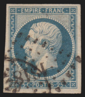 N°15a, 25c BLEU-LAITEUX, Oblitéré PC 1818 Lyon, Signé CALVES - B/TB - 1853-1860 Napoleon III