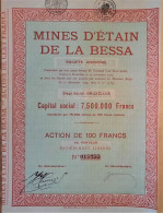 S.A. Mines D étain De La Bessa - Action De 100 Fr (1925) - Mines