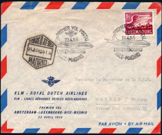 España - Sello Luxemburgo - Marca "Premier Vol Postal 23/04/56 - Luxemburgo - Niza - Madrid Por KLM" - Storia Postale