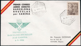 España - Edi O 1057 - Marca "Primer Vol. Barcelone - Bruxelles Par Sabena 6/V/52" - Lettres & Documents