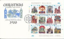 Guernsey Bailiwick FDC Christmas Sheet 15-11-1988 With Cachet - Guernsey