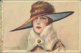 BOMPARD  SIGNED 1910s POSTCARD - WOMAN WITH BIG HAT - N.990/2 (5501) - Bompard, S.