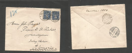 CHILE. 1896 (2 Sept) Stgo - Germany, Freiburg, Lachsen (20 Oct) Fkd Env 5c Blue Perce Horiz Pair Tied Cds. Reverse Trans - Chile