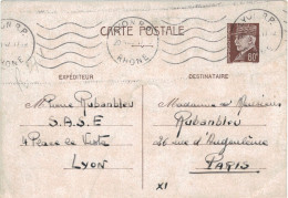 Ganzsache Petain 80c - Rubanbleu S.A.S.E. Lyon R. P. Rhone 1942 > Paris - Nachfrage Stalag - Altri & Non Classificati