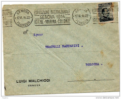 1914 LETTERA CON ANNULLO GENOVA + TARGHETTA ESPOSIZIONE INTERNAZIONALE GENOVA  FRANCOBOLLO ROTTO - Marcophilia