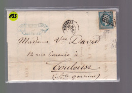 Un Timbre N° 14 Napoléon III     20 C   Bleu  Sur Lettre    Pour Toulouse   1858 - 1853-1860 Napoléon III