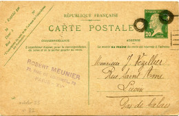 FRANCE ENTIER POSTAL N°172 CP1 20c PASTEUR AVEC ERREUR DE CALAGE DE L'OBLITERATION DAGUIN DEPART PARIS (13-4-25) POUR... - Standard Postcards & Stamped On Demand (before 1995)