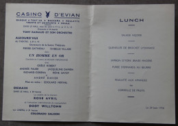 Evian-les-Bains (Haute-Savoie), Hôtels Royal Et Splendide, Menu Lunch, Casino, 29 Juin 1956 - Menükarten