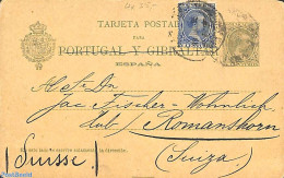Spain 1893 Postcard 5c, Uprated To Switzerland. Second Line 112mm, Used, Used Postal Stationary - Storia Postale