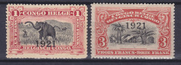 Belgian Congo 1921 Mi. 52-53, Elefantenjagd Elephant Hunt & Dorf Overprinted Surchargé '1921', MH* (2 Scans) - Unused Stamps