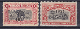 Belgian Congo 1921 Mi. 52-53, Elefantenjagd Elephant Hunt & Dorf Overprinted Surchargé '1921', MH* (2 Scans) - Neufs