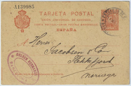 ESPAGNE / ESPAÑA - 1904 Tarjeta Postal 10c Cadete Usada De Barcelona A FLEKKEFJORD, Noruega Con Texto Mimeografiado - Briefe U. Dokumente