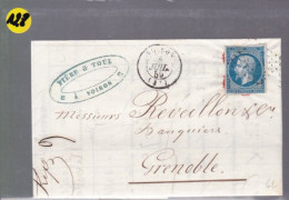 Un Timbre N° 14 Napoléon III     20 C   Bleu  Sur Lettre    Pour  Grenoble       1859 - 1853-1860 Napoléon III