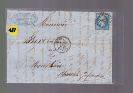 Un Timbre N° 14 Napoléon III     20 C   Bleu  Sur Lettre    Pour  Monthieux      1859 - 1853-1860 Napoleon III