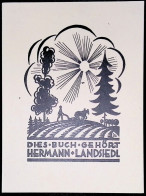 1925 EX LIBRIS JORG REITTER X HERMANN LANDSIEDL EXLIBRIS PROFILO ALBERI ARATRO ARATORE TRA  ALBERI SOLE - Ex Libris