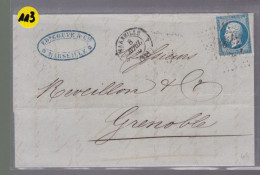 Un Timbre N° 14 Napoléon III     20 C   Bleu  Sur Lettre    Pour   Grenoble    1859 - 1853-1860 Napoleone III