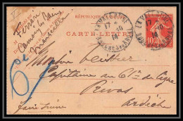 107997 Carte Lettre Entier Postal Stationery Bouches Du Rhone Semeuse 10c Rouge Marseille La Valentine 1914 Privas Ardec - Cartes-lettres